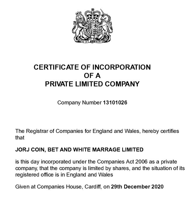 گواهی ثبت شرکت در انگلستان